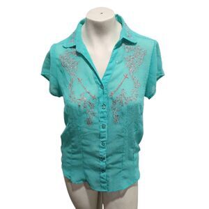 Pink Cattlelac Women’s Large Sheer Western Blouse Turquoise Embroidered